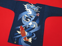 義若オリジナルの鯉口シャツ・ダボシャツ 藍調バックプリント　龍と鯉